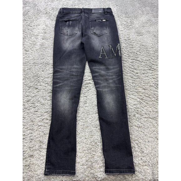Amiri Jeans Men 30x29 Black Distressed Skinny Slim Studded Logo Embroidery NWT - Picture 2 of 12